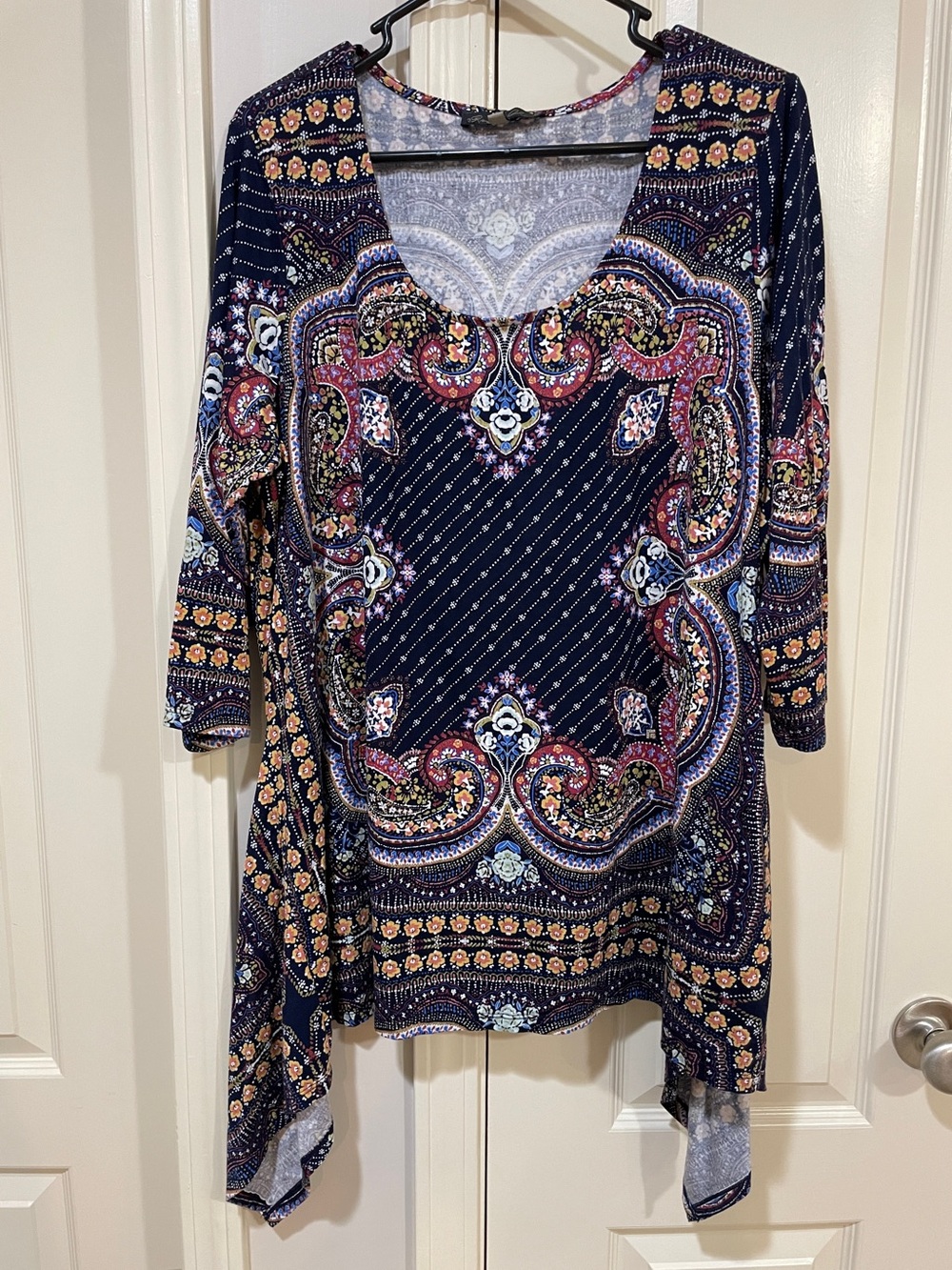 Rose & Olive Navy Paisley Scoop Neck Tunic with Coral and Cream Accents 3X